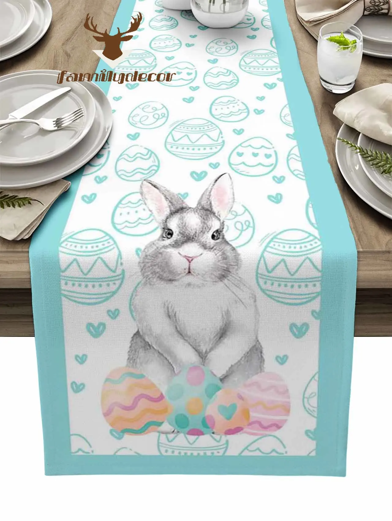 Blue Easter Egg Bunny Rabbit Printed Table Runner Wedding Party Table Decorations for Home Decor Gift Favor Placemat Tablecloth