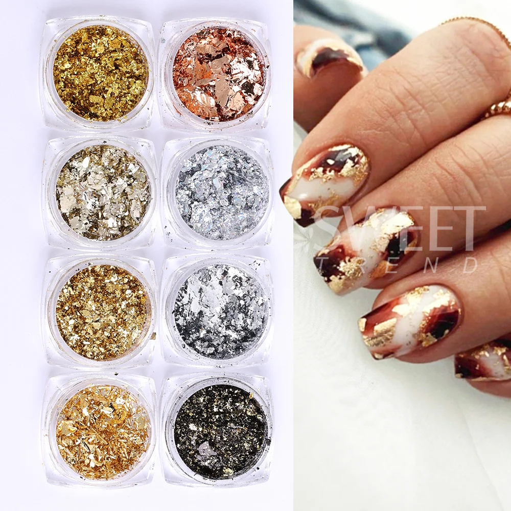 8pcs Rose Gold Silver Black Irregular Foil Paper Fragments Nail Flakes Gold Foils Nail Sequin Sticker Glitter DIY Manicure Decor