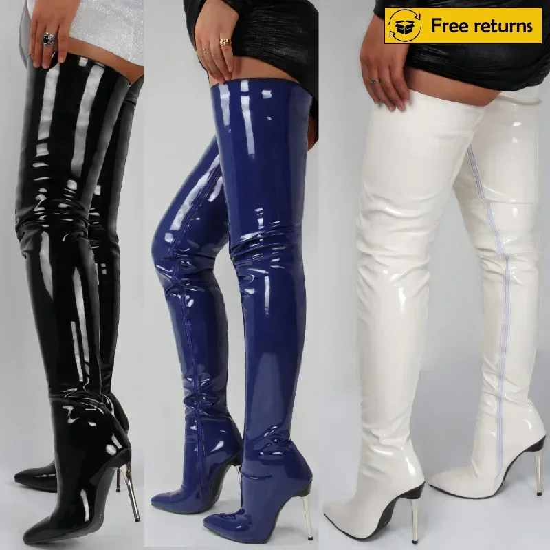 Botas por encima de la rodilla de charol para Mujer, tacones altos, Botas altas hasta el muslo sexis de talla grande, Botas de tacón de aguja para Mujer