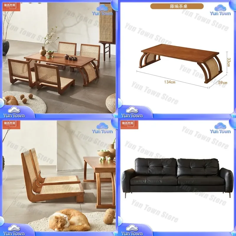 Japanese-style Small Solid Wood Rattan Tea Table Set for Tatami Room Zen Tea Table for Balcony Low Height Tea Table and Chair