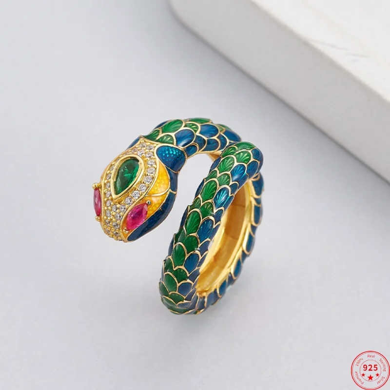 S925 Sterling Silver Charm Rings for Women Men Classic Enamel Zodiac Spirit Snake Inlaid Zircon Fashion Jewelry Wholesale