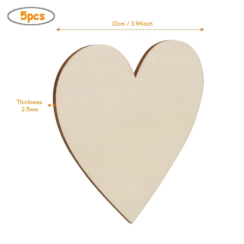 Rebanadas de discos en forma de corazón de madera en blanco sin terminar, piezas de artesanía DIY para adornos de boda, adorno de fiesta de Navidad, 5 piezas, 10cm