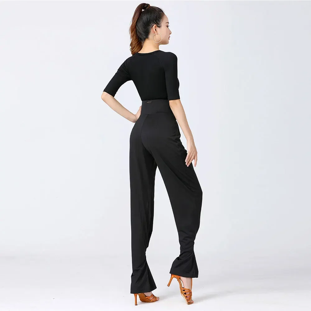 Pantalones de baile latino elásticos y finos para mujer, pantalón holgado de cintura alta para baile Social, novedad de 2023