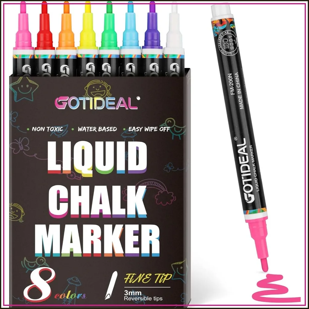 

8 Color Liquid Chalk Markers, Fine Tip Washable Window Pens, Non-Toxic Wet Erase for Blackboard Glass Car