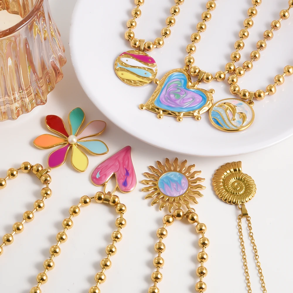 1Pc Korean Harajuku Vintage Colorful Flower Pendant Choker Y2K Exaggerated Chunky Heart Sweet Love Aesthetic Necklaces  Jewelry