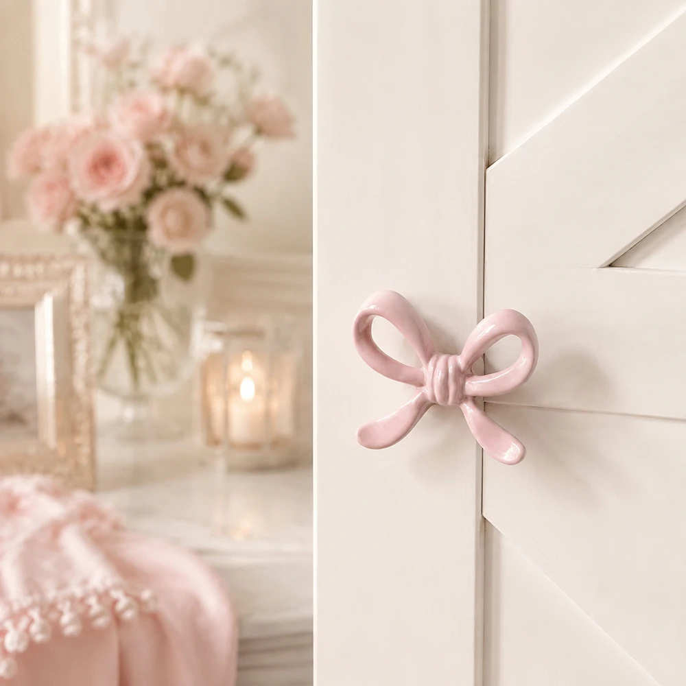 Cute Pink Bow Cabinet Knobs Zinc Alloy Ribbon Drawer Handles for Dresser Cupboard Wardrobe Kitchen Cabinets
