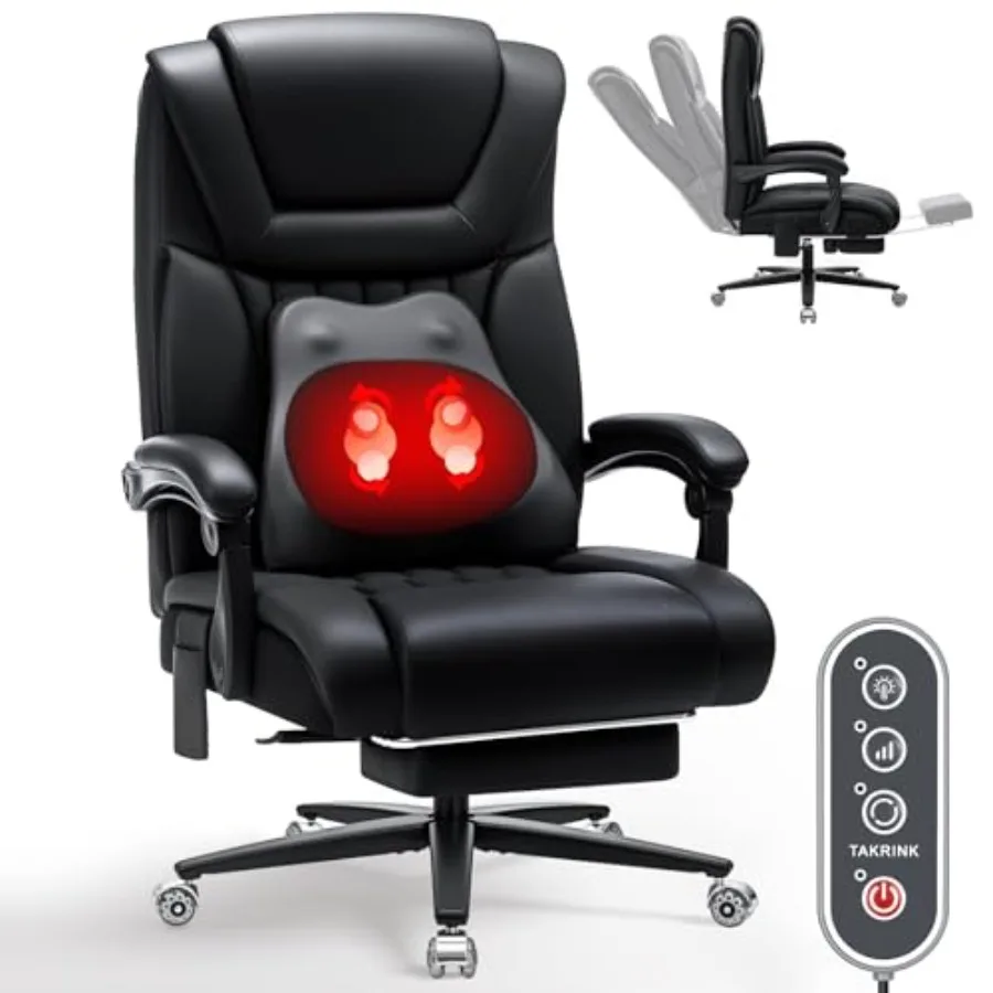 Office chair for heavy people: 500lbs capacity, kneading massage with heat, premium PU leather, black, ergonomic support and lu
