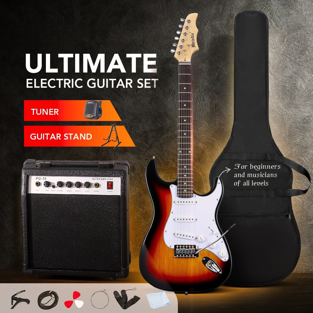 39-Inch ST Electric Guitar Set 15 Watts Speaker with Backpack Strap Cover String Tuner Cable Export Quality