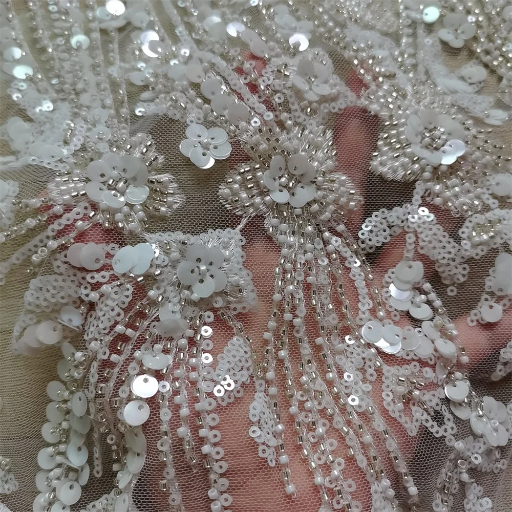 Beading 3D Sequins Flower Off White And Silvery Tulle Embroidered Lace Fabric Wedding Dress Fabric 2022 NEW