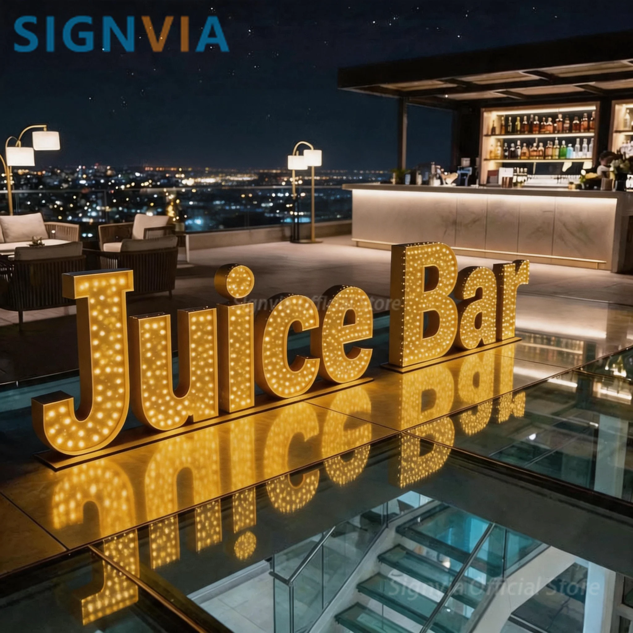 Custom Freestanding 3D Perforated Metal LED Letters, Juice Bar Golden Illuminated Channel Sign, Business Advertising Sign