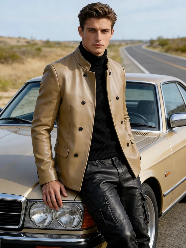 Men's Stand Collar Faux Leather Jacket Coat High Quality Double Breasted Slim Fit Casual Blazer For Business Office Casual