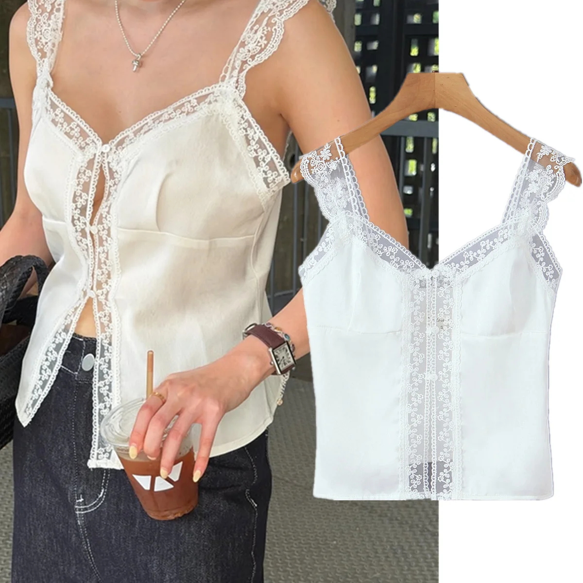 

Jenny&Dave 2026 Ins Fashion Girls Summer Sexy Lace Satin Shirts & Blouses Women's Clothes Sleeveless Shirts Tank Tops