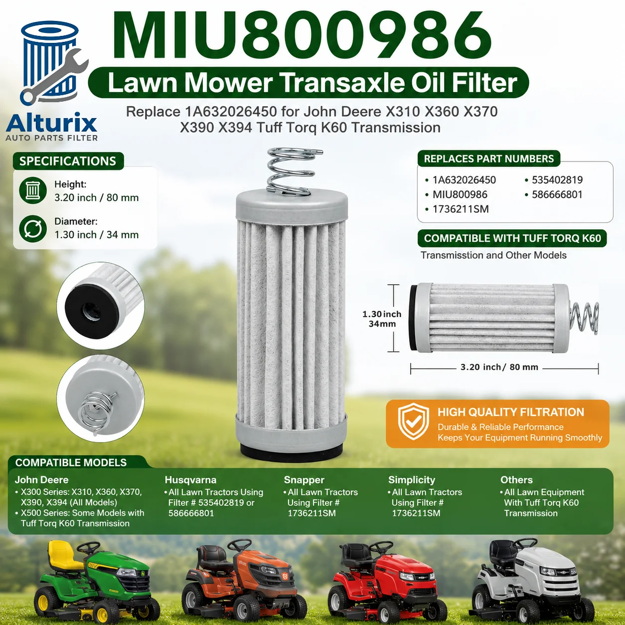 Фильтр масляный MIU800986 (аналог 1A632026450) для газонокосилок John Deere X310, X360, X370, X390, X394 Tuff Torq K60