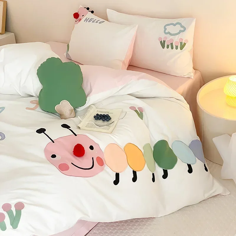 100S High Count Cotton Matte Four Piece Cute Embroidered Quilt Cover with 1.8m Thick Bedding