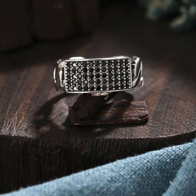 Vintage Checkered Black Obsidian Ring, Retro Hong Kong Style, Luxury Fashion, Adjustable Open Band