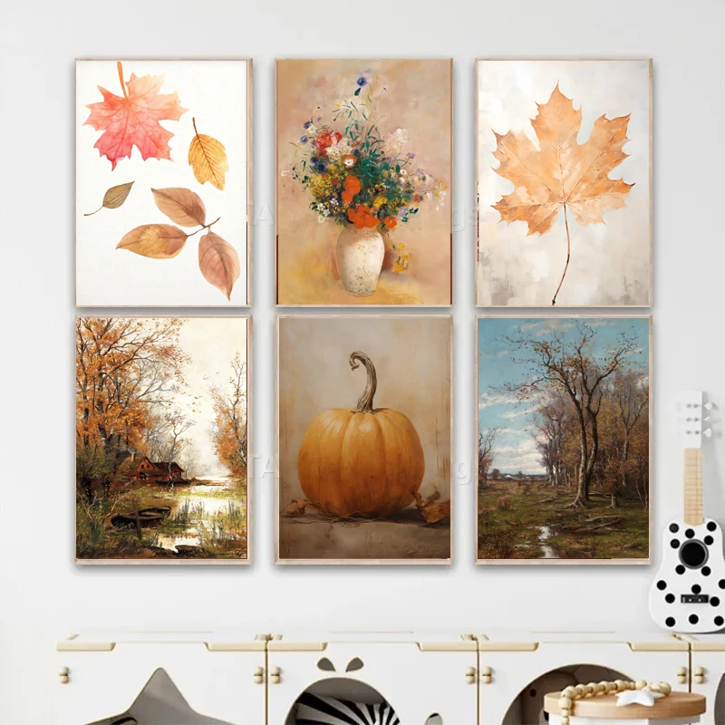 

Autumn Landscape Oil Painting Poster Forest Lake Boat Leaf Pumpkin Abstract Wall Art Print Canvas Pictures For Living Room Decor