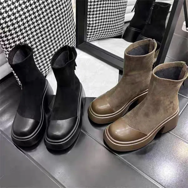 Botas de borracha retrô com zíper para mulheres, sapatos quadrados básicos para senhoras, saltos de casco de Roma, tecido sólido feminino, novo, outono, 2024