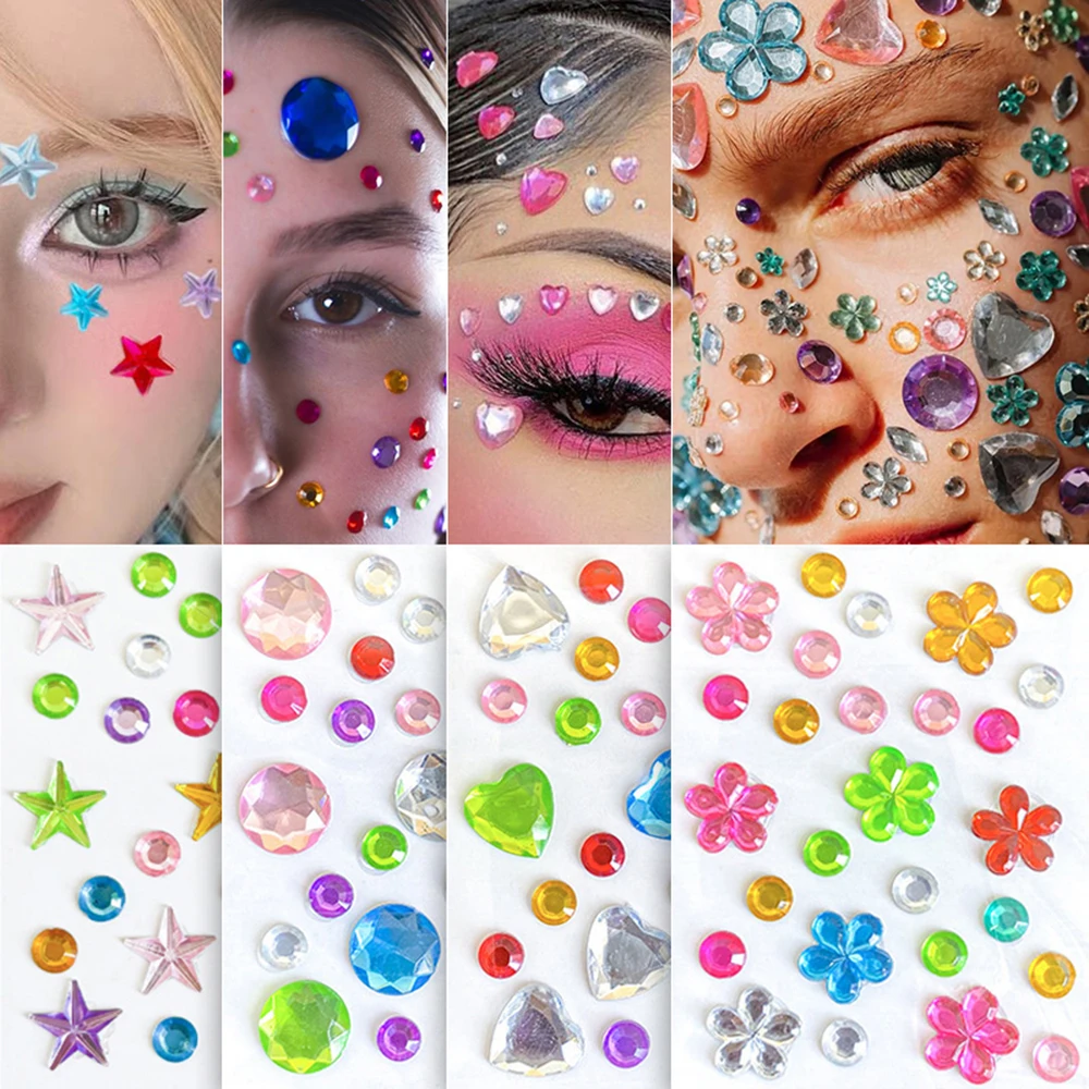 4Pcs/Set Extra Large Colorful Star Heart Flower Rhinestone Jewel Stickers Self‑Adhesive Eye Face Gems For Festival Makeup Decor