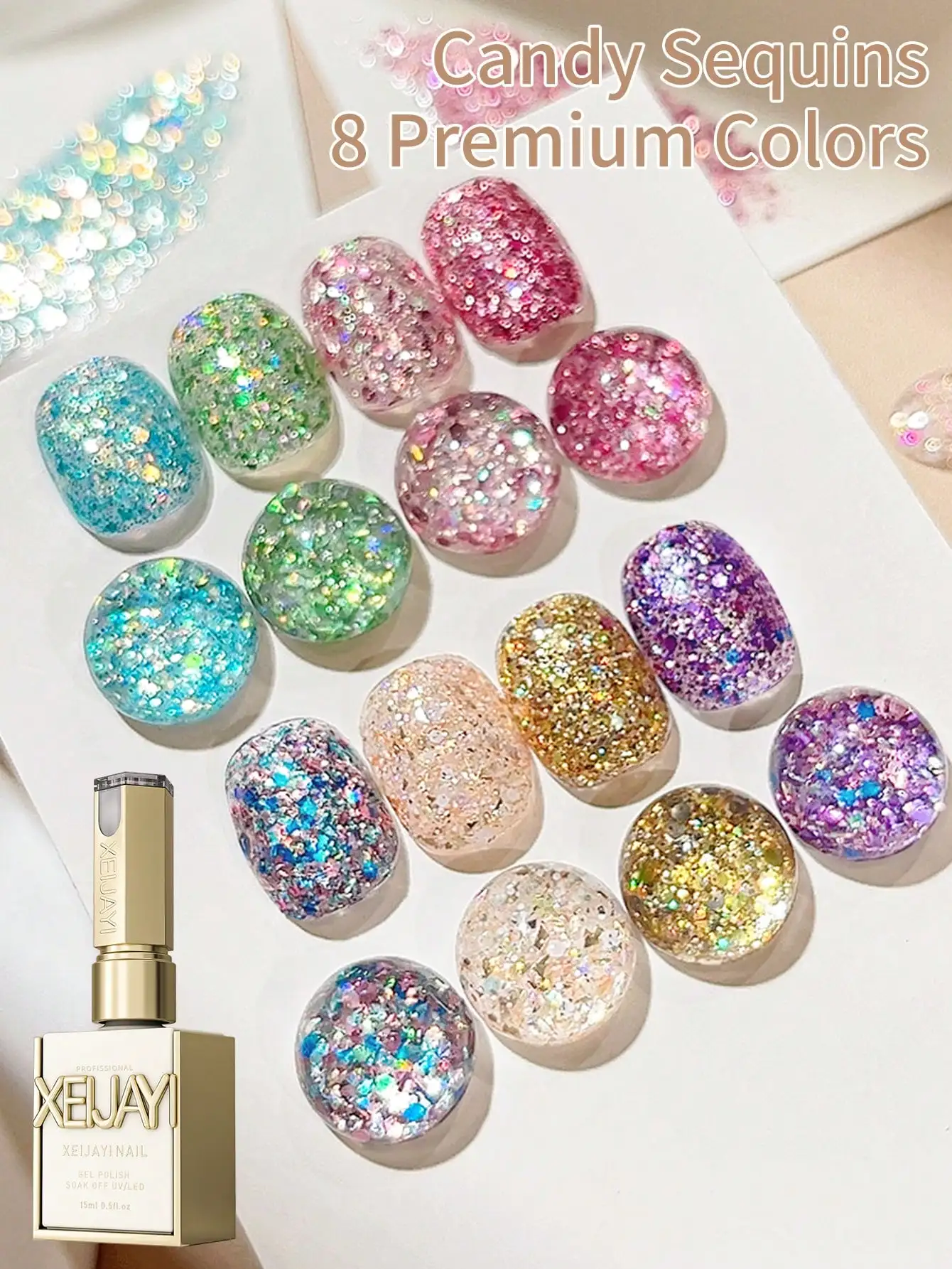 XEIJAYI 8-teiliges Bonbonfarben-Gel-Nagellack-Set, glitzerndes und schimmerndes Gel zum Einweichen, langlebig für Party, Hochzeit, Alltag, Maniküre