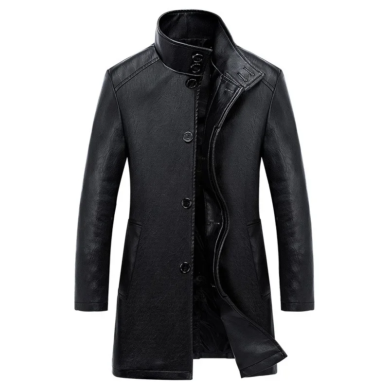 2024  Autumn New Men\'s Lapel Business Long Pu Leather Trench Coat Coat Large Size Casual Leather Mens Jacket Winter Jacket Men