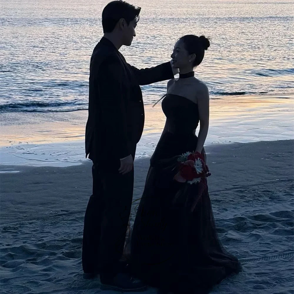 Vow Shiny Elegant Black Korea Beach Wedding Dresses Photos Shoot Strapless Satin Tulle Dress Customized Corset Evening Gown