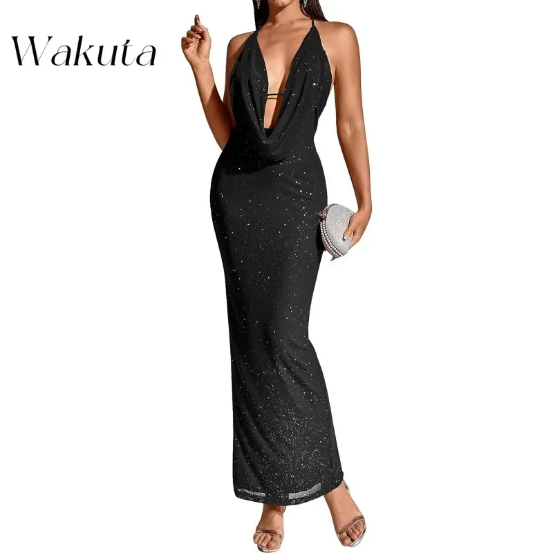 Wakuta Vintage mujeres Sexy lentejuelas ceñido al cuerpo Maxi Vestidos cuello pico espalda dividida Formal noche cóctel fiesta Vestidos largos De madrina