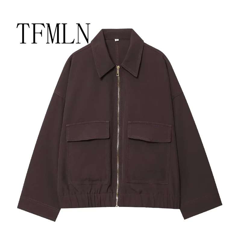 

TFMLN женская осенняя куртка 2025 года, элегантное пальто с длинными рукавами и карманами на молнии, женская модная верхняя одежда