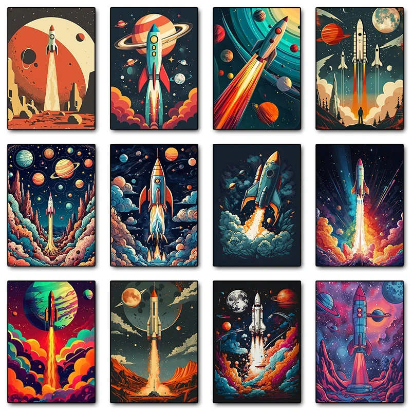 Retro Space Rocket Launch Spacecraft Cosmos Posters and Prints Canvas Printing Wall Art Picture for Living Room Home Decor Gifts