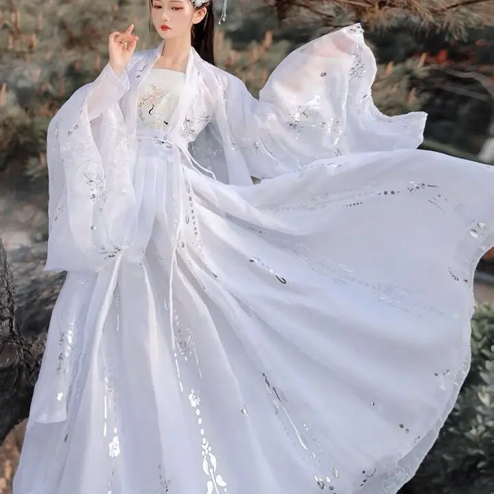 Chinese Traditional Hanfu Women\'s Folk Dance Costumes Fairy Princess Dresses Retro Girl Cosplay Clothes Black White Crane