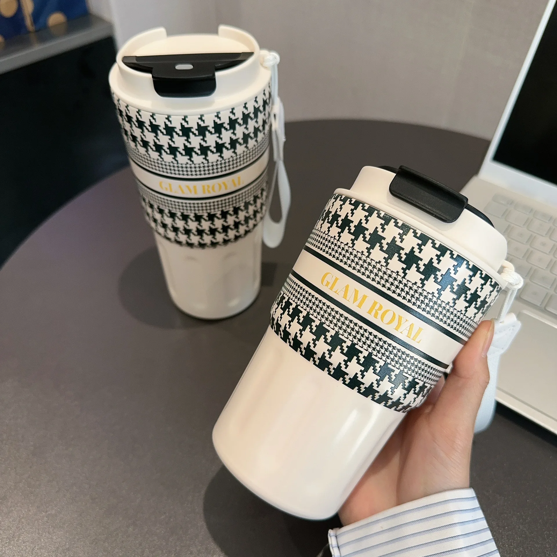 

360/600ml Creative Plaid Print 304 Stainless Steel Insulated Coffee Cup Portable Handheld Water Bottle for Girls Simple Design