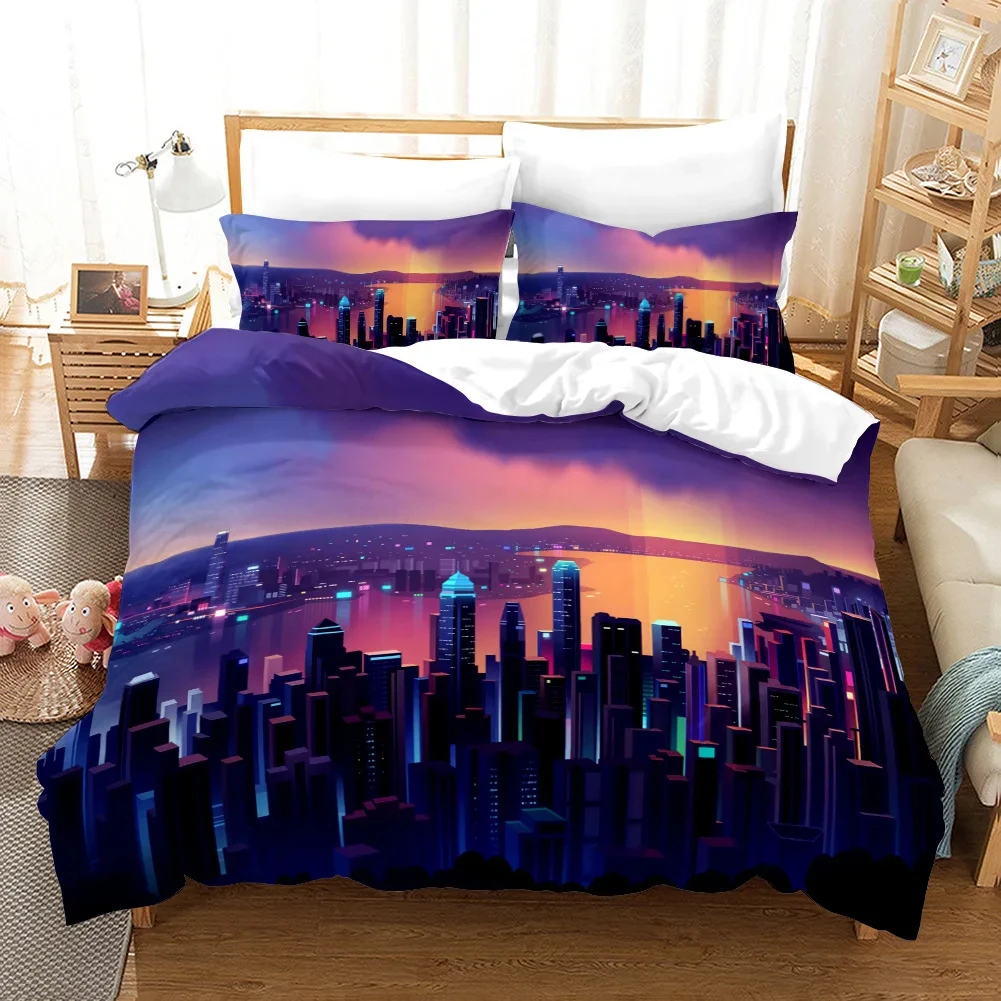City Landscape Duvet Cover Set,Building Urban Quilt Cover,Microfiber Night View Bedding Set Twin/Queen/King Size for Boys Girls