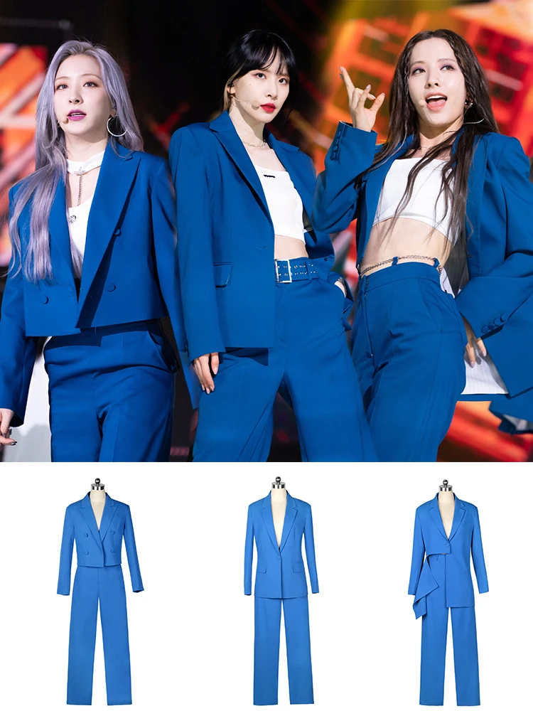 Blue Suit Set for Women Stage Performance Dance Clothes Jazz Style Kpop Group Universe Girls Cool Costume Cotton Fabric