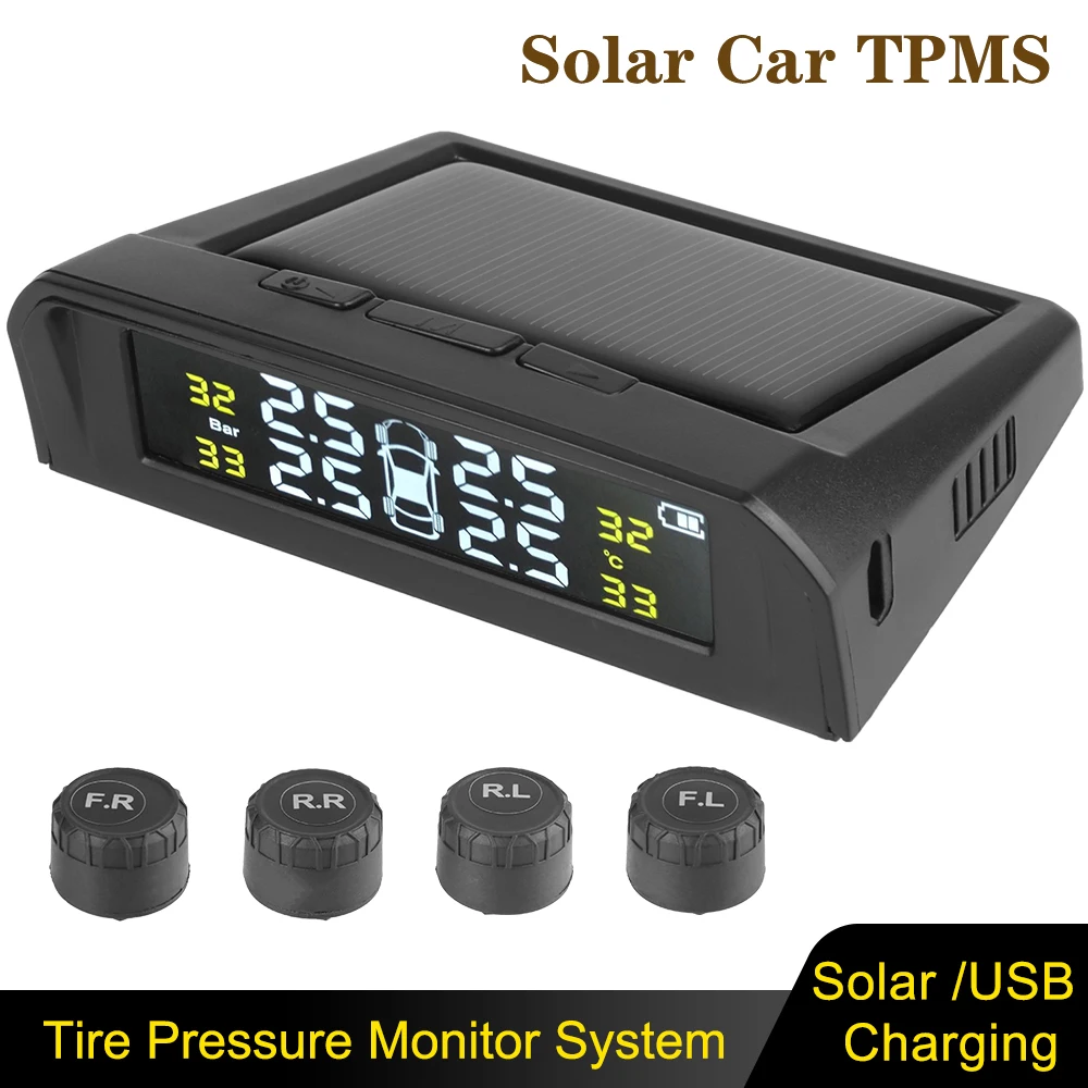 Wireless Tire Pressure System Car TPMS USB Solar Powered + 4 External Sensors LCD Display Intelligent Temperature Warning