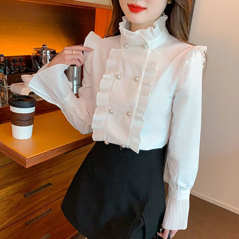 Elegant White Women\'s Ruffles Stand Collar Shirt Blusas Mujer Spring Summer Pleated Top Korean Trumpet Sleeve Runway Blouse Lady