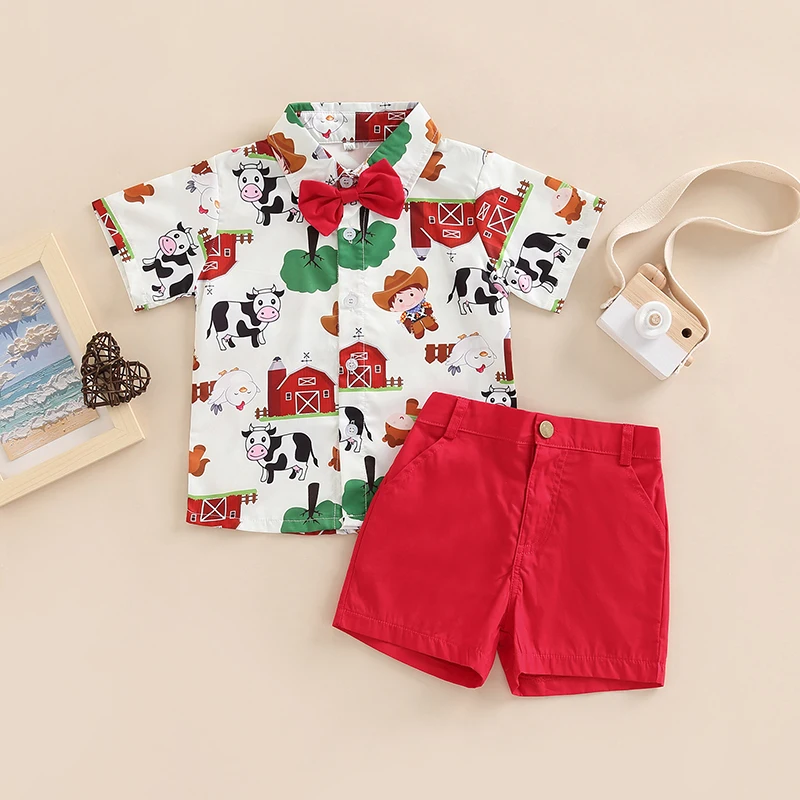 

Toddler Kids Boys 2 Pieces Outfits Farm/Circus Cartoon Animal Print Short Sleeve Shirts with Bow Tie + Solid Color Shorts Set