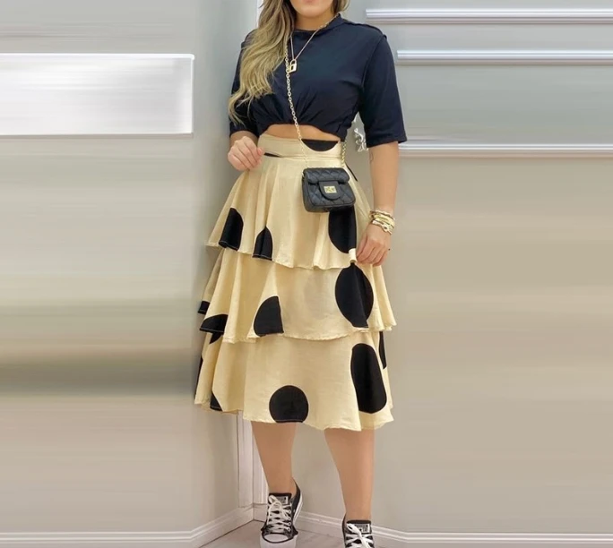 New Two Piece Set for Women 2024 Contrast Paneled Asymmetrical Neck Ribbed Top & Black Pocket Design Slit Mid-Calf Skirt Set