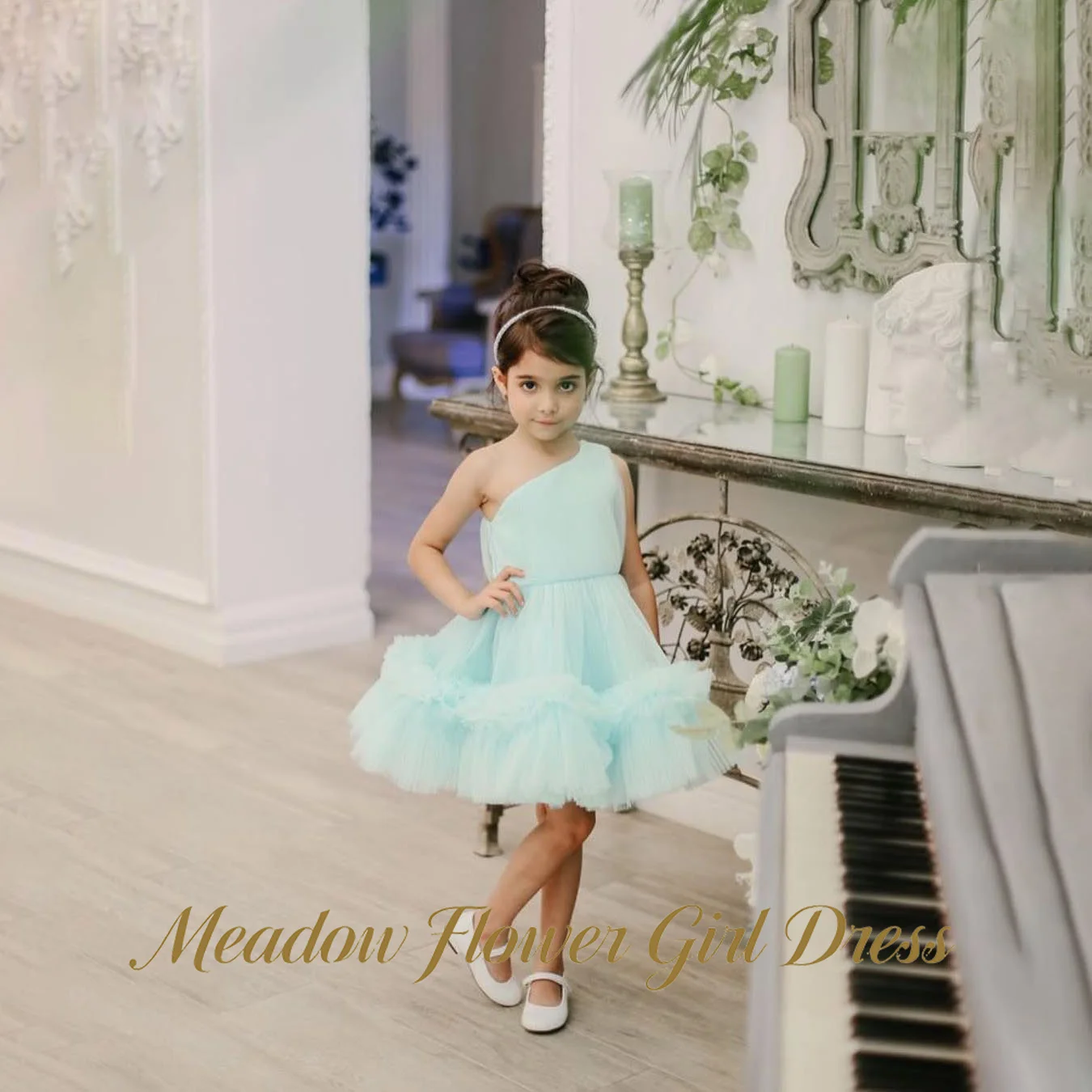 

Meadow Mint Green Flower Girl Dress One Shoulder Baby Kids Birthday Dress Double Layer Ruffle Minimal Pageant Dress for Girl