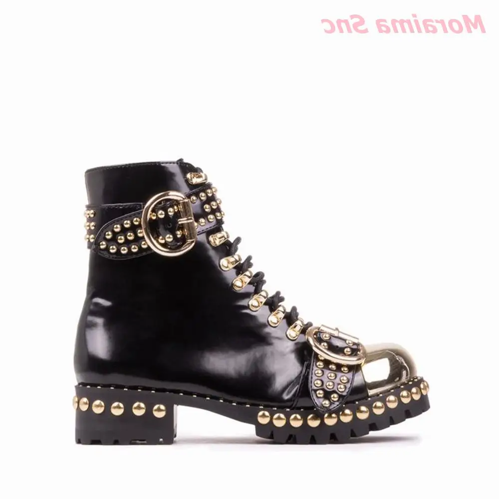 Round Toe Women Cool Boots Genuine Leather Belt Buckle Punk Mid-Calf Fashion Novelty Rivet Square Heel Comfortable Hot Sale