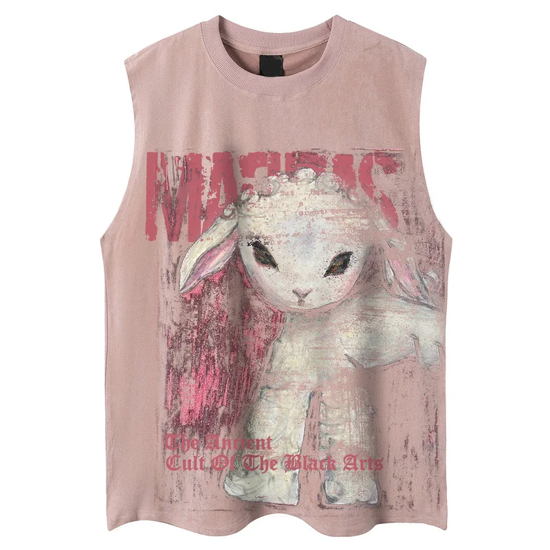 

Sports Tank-Top Sleeveless T-shirt Cotton Round Neck Pullover Loose Men's and Women's Same Fun Rabbit Print Trendy SummerFashion