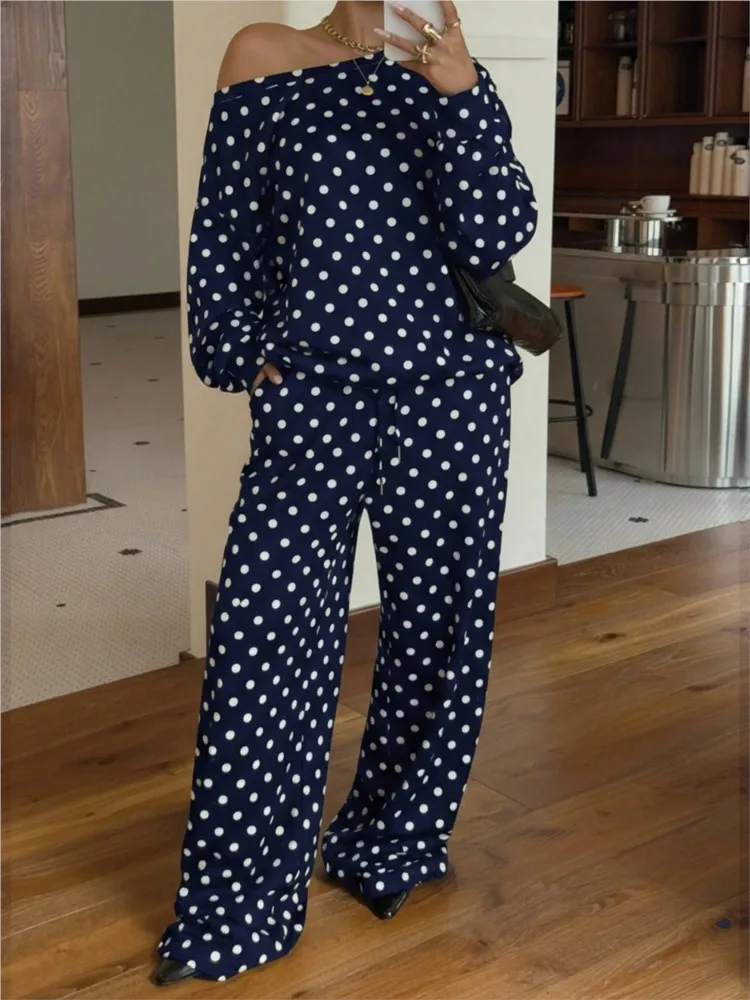 Polka Dot Printed Long-sleeved Trousers 2-piece Set 2026 Summer New Spring And Autumn Casual Fashion Loose Slanted Shoulder Suit