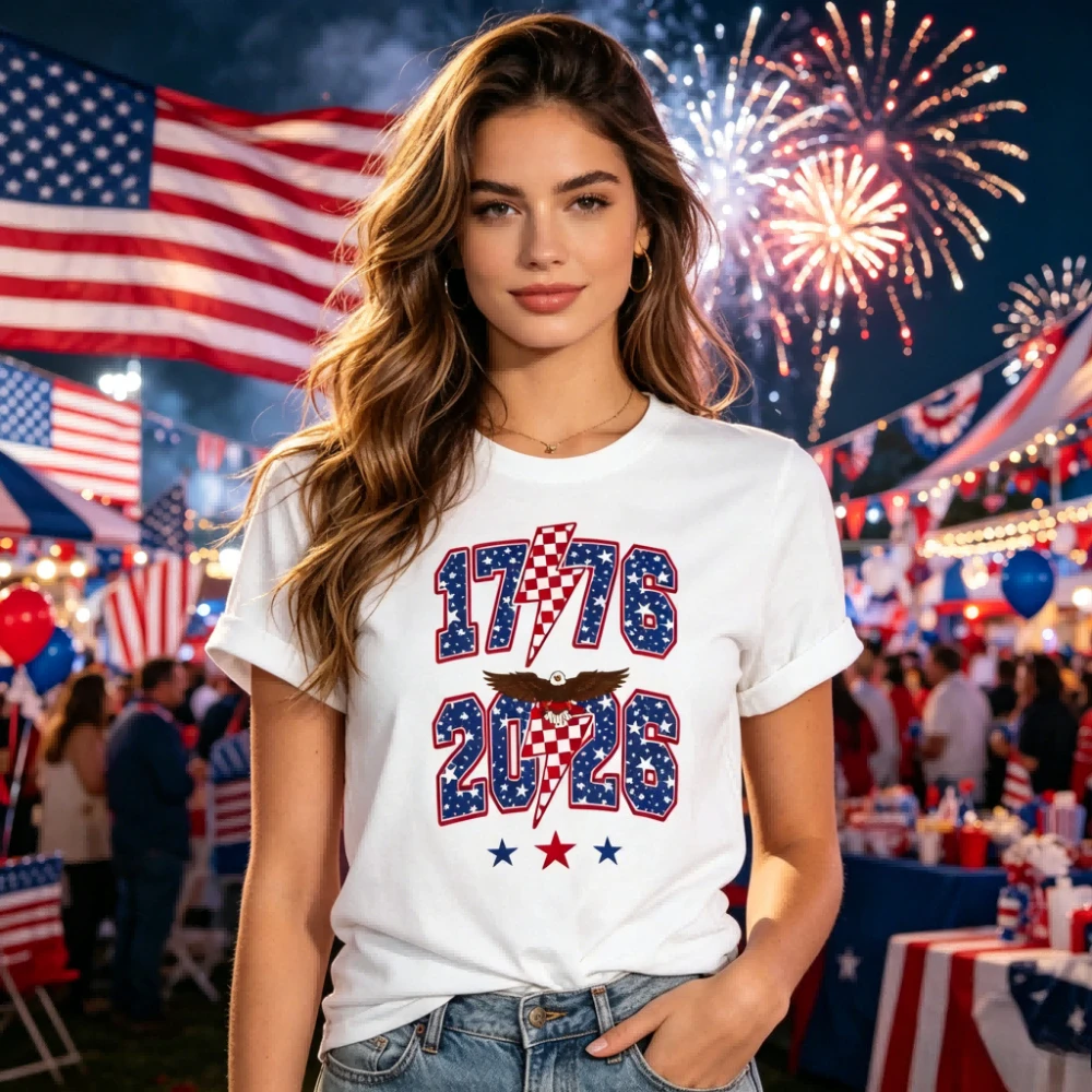 1776-2026 Patriotic T-Shirt Retro Star-Spangled Number Eagle Graphic 4th of July Tee Women Fashion Casual Summer Cotton Tops