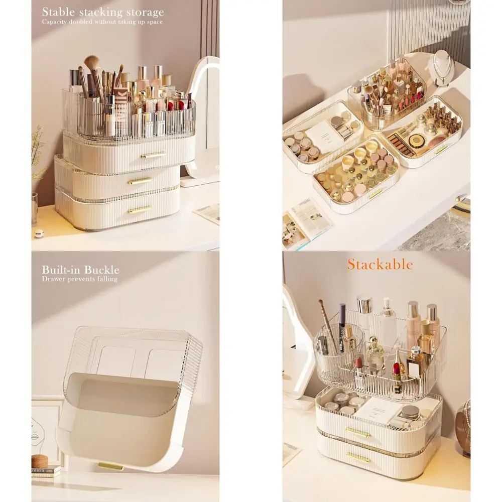 

360 ° Вращающийся большой косметический органайзер, 11-широкий штабелируемый держатель для макияжа с 2 ящиками для хранения туалетного столика