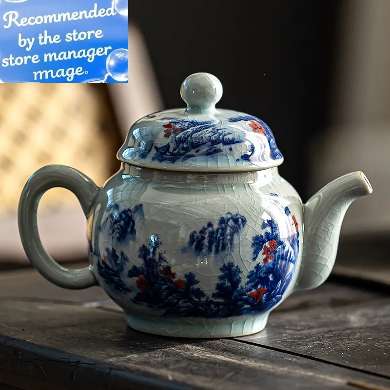 

Antique Blue And White Chinese Ruyi Teapot Household Ceramic Ice Crack Glaze Old Clay Single Pot Chinese Style Kung Fu Tea Set