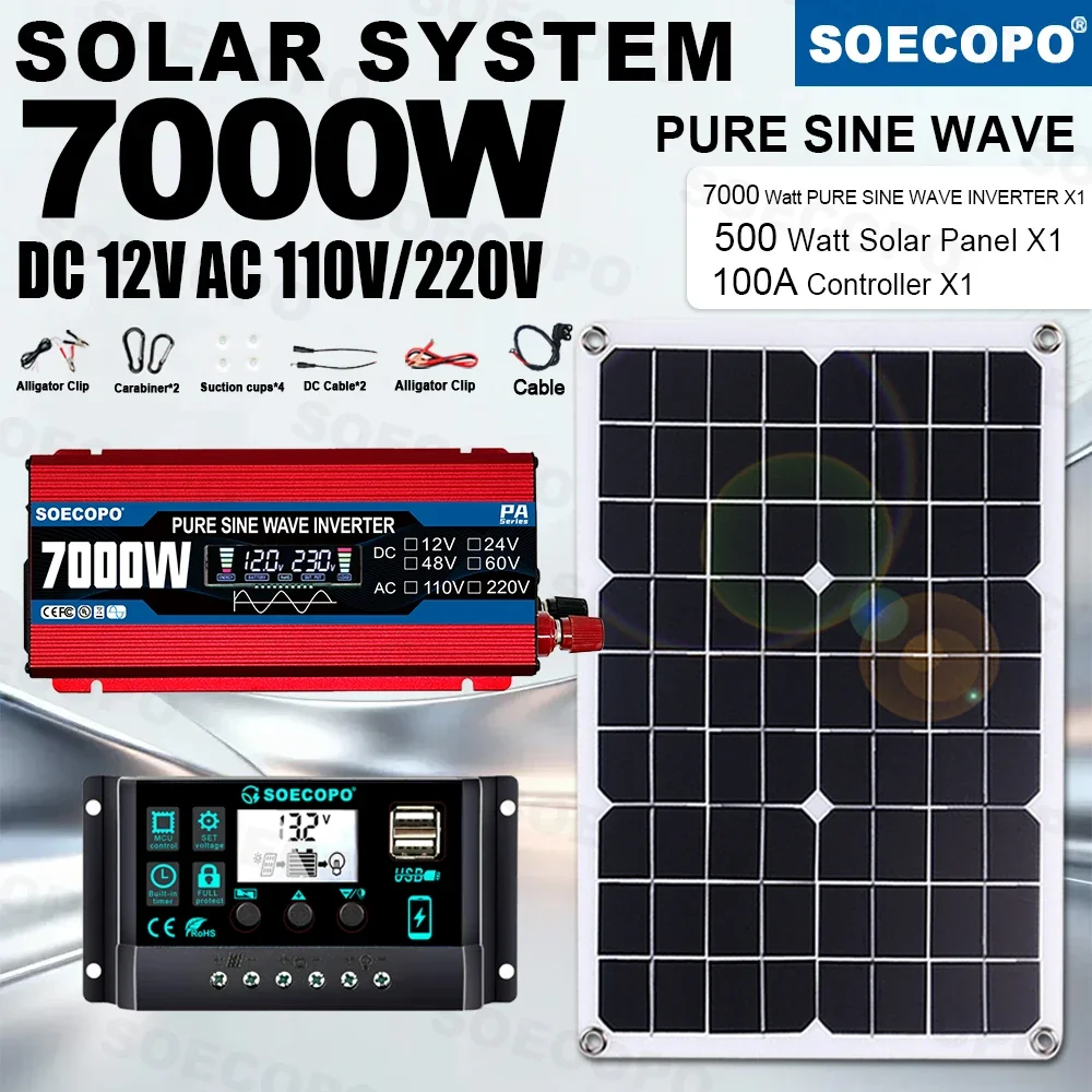 7000W Peak Solar System Kit Home Backup 500W Panel 100A Controller Pure Sine Wave Inverter Generator Clean Power for Radio Use