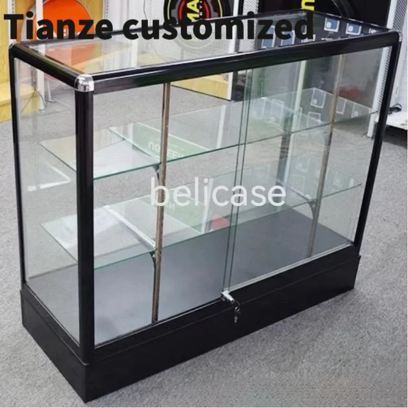 Customized-hot sale glass counter Display Mobile shop smoke shop showcase with light aluminum frame showcase glass display c