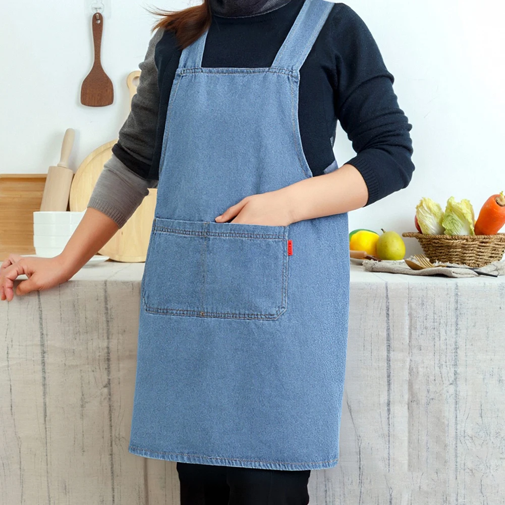 Embroidered Shoulder Strap Cowboy Apron Oil-Proof Breathable Wear-Resistant Multi Pocket Waist Belt For Daily Work and Cooking