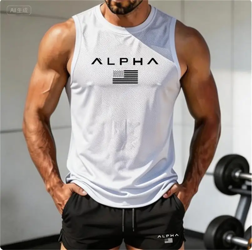 Summer Men Breathable Mesh Sleeveless Top Quick Dry Printed Tank Tops Gym Workout Running Training Sports Fitness SleevelessVest