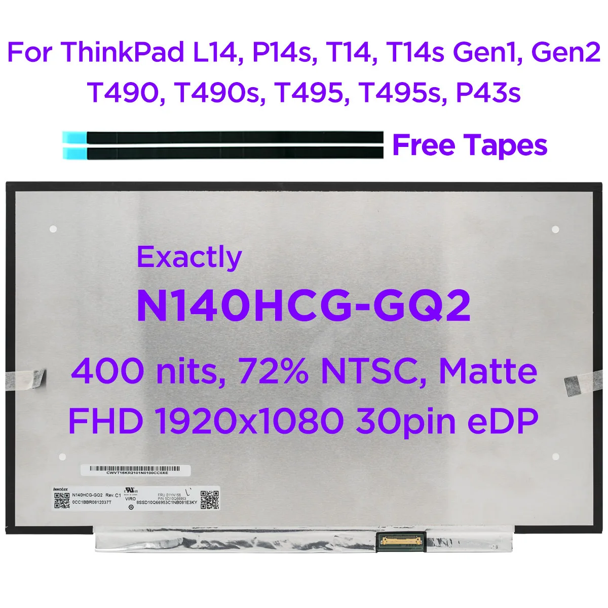 Nueva pantalla LCD para ordenador portátil N140HCG-GQ2 14,0 para Lenovo ThinkPad L14 P14s T14 T14s Gen1 Gen2 T490 T490s T495 T495s P43s IPS FHD 30 pines