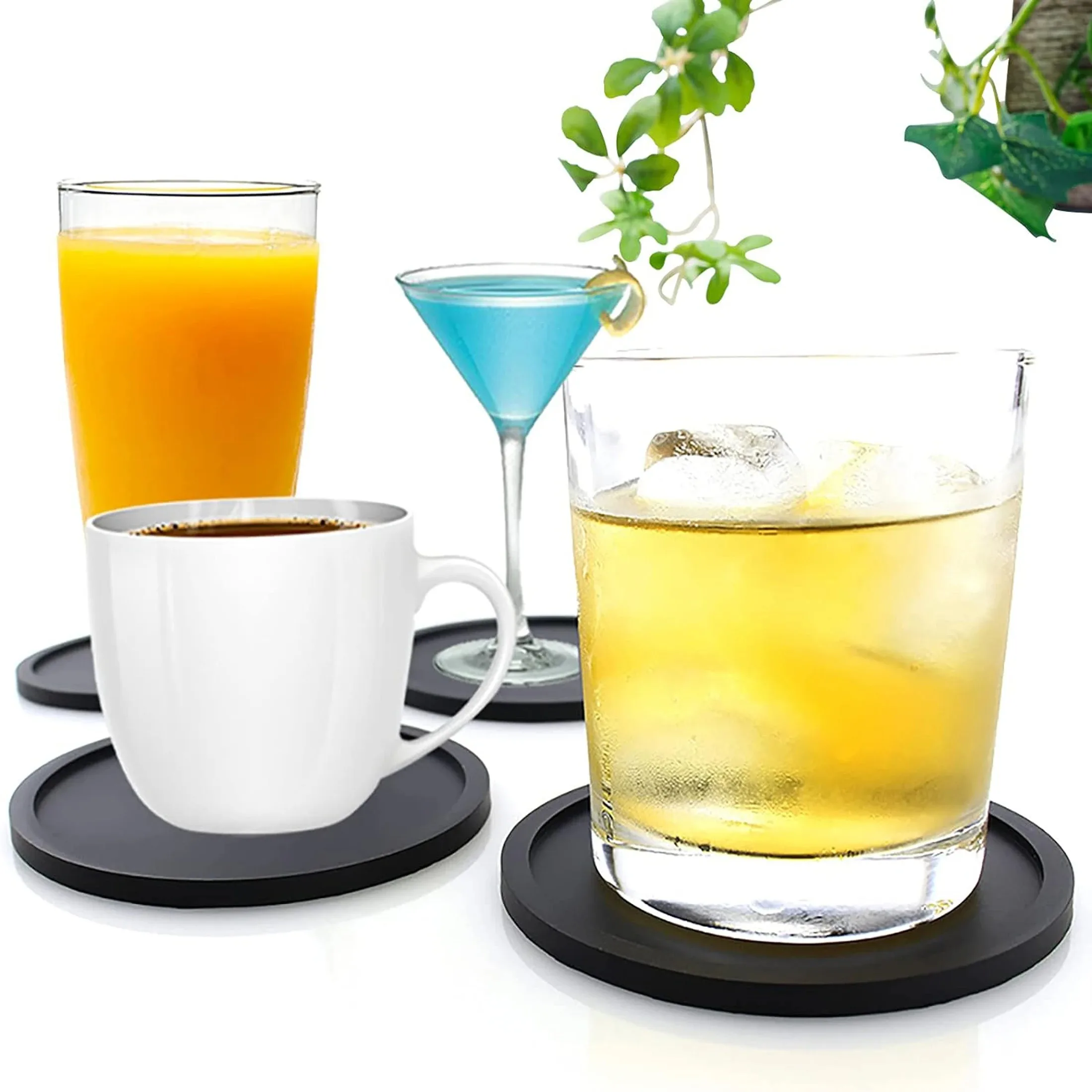 1/2/4PCS Large Black Silicone Drink Coasters Set - Slip Resistant Anti-Stain Heat-Proof Cup Mats for Indoor & Outdoor Use