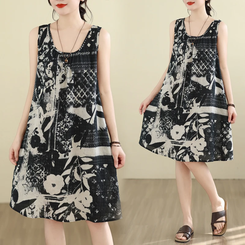 

Artistic Large Size Women's Summer Loose Strapless A-Line Dress Cotton Linen round Neck Print Dress City Walk Thin Medium Skirt